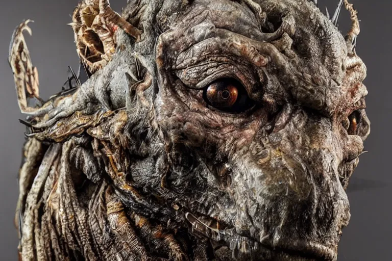 Image similar to photo taken of an epic intricate, ultra detailed, super realistic gritty, hero prop, exquisitely weathered animatronic movie prop of a lifelike sculpture of a nightmarish creature displayed in the workshop, created by weta workshop, full body shot, photorealistic, sharp focus