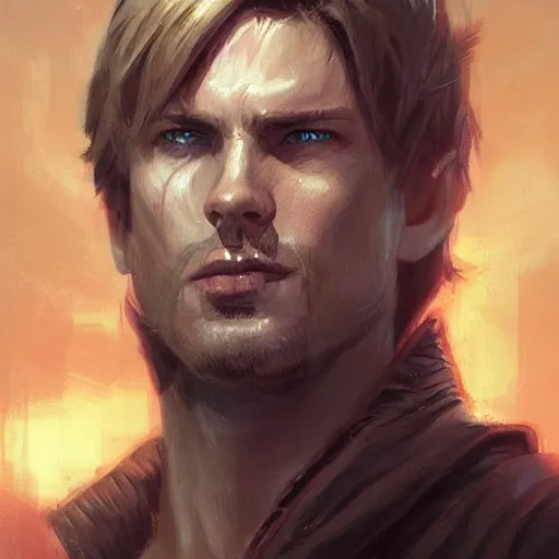 Image similar to portrait of a man by Greg Rutkowski, Cade Skywalker from Star Wars Expanded Universe, he is about 30 years old, manly, strong, messy blond hair, wearing a leather jacket, highly detailed portrait, digital painting, artstation, concept art, smooth, sharp foccus ilustration, Artstation HQ