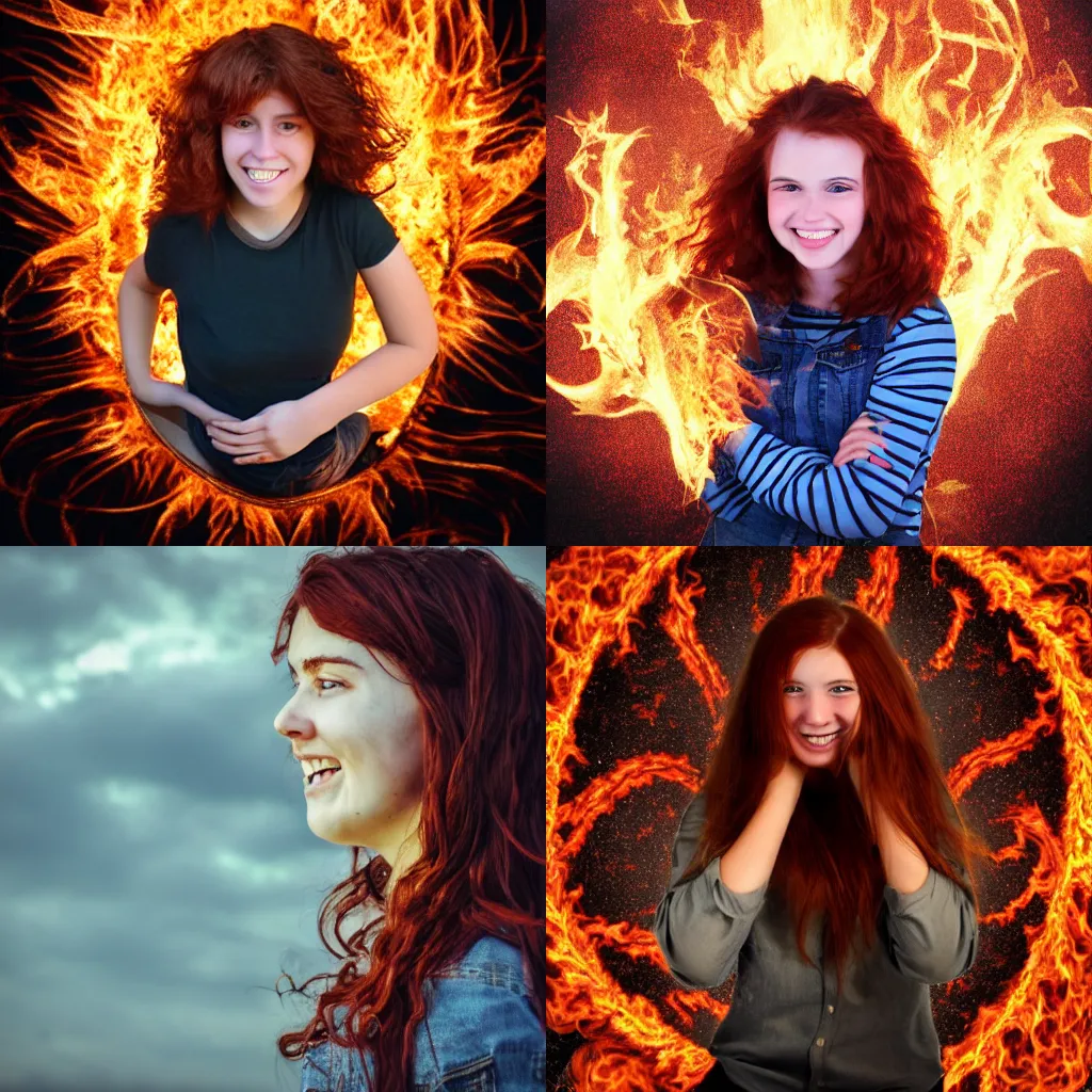 Prompt: a choppy red haired brown eyed teenage girl surrounded by rings of flames and wisps of fire smiling maliciously. By Lukas Esch