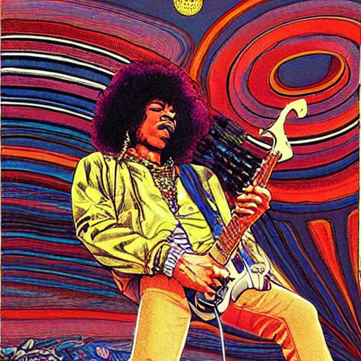 Image similar to artwork by Moebius showing Jimi Hendrix sitting on the rings of Saturn playing his electric guitar