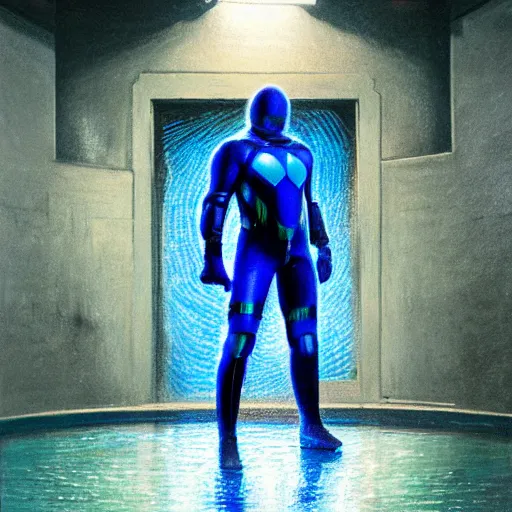 Prompt: sylvester stallone in blue metal cyber suit, tech noir, wet reflections, prism, atmospheric, ambient, pj crook, syd mead, livia prima, greg rutkowski, edward hopper