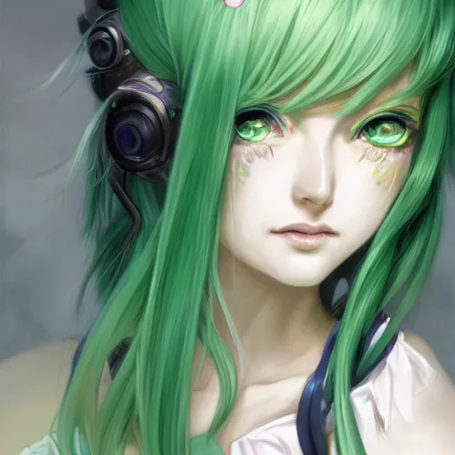 Prompt: adult girl with long light green hair, light green eyes, a small pigtail on the left side, chinese dress, anime style, hyper detailed, illustration, digital painting, art by artgerm and greg rutkowski and alphonse mucha, high delicate defined details, anime stylized, highly detailed, realistic, sharp focus