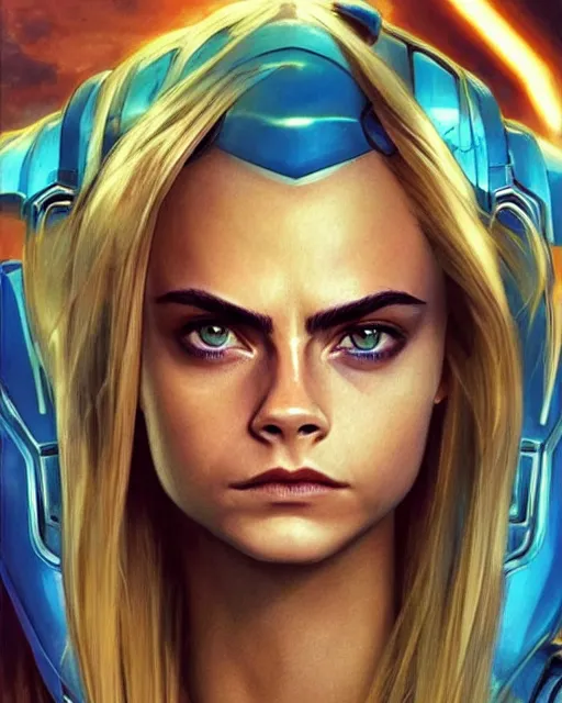 Image similar to Symmetric movie poster of Cara delevingne as Samus Aran , Marviel Style cover art, ultra wide lens shot,cinematic lighting, beautiful,art by Artgerm and Greg Rutkowski and Alphonse Mucha