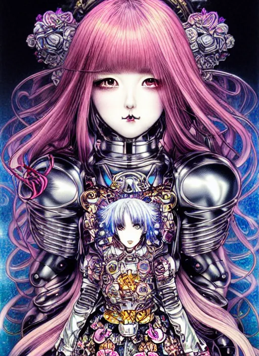 Image similar to highly detailed terada katsuya ayami kojima atrstation manga poster of princess mechine, rainbow gradient reflection, cute face by artgerm, long hair, armor, dress, laces, ruffles, 8 k, maximalist, jump comics