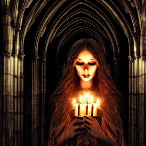 Image similar to a beautiful gothic girl inside a dark gothic cathedral illuminated by candles, impressive scene. grainy and rough. soft colour scheme. beautiful artistic detailed digital art