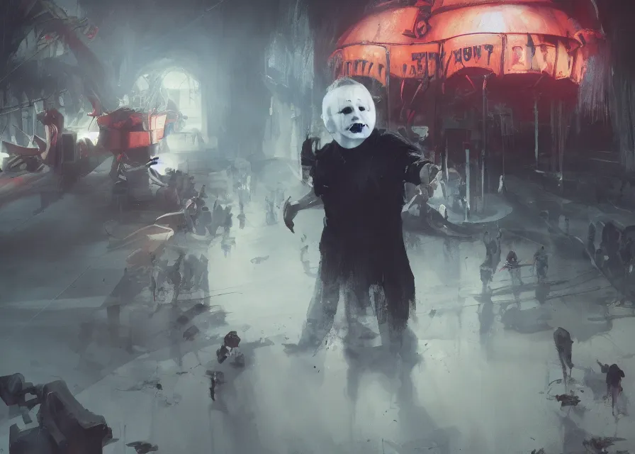 Image similar to painting of Michael Myers having fun at an amusement park, sharp focus, trending on ArtStation, masterpiece, by Greg Rutkowski, by Ross Tran, by Fenghua Zhong, octane, soft render, oil on canvas, high contrast, cinematic, environmental concept art