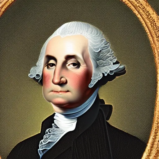 Image similar to a sharply detailed, focus-stacked, microscopic close-up of George Washington