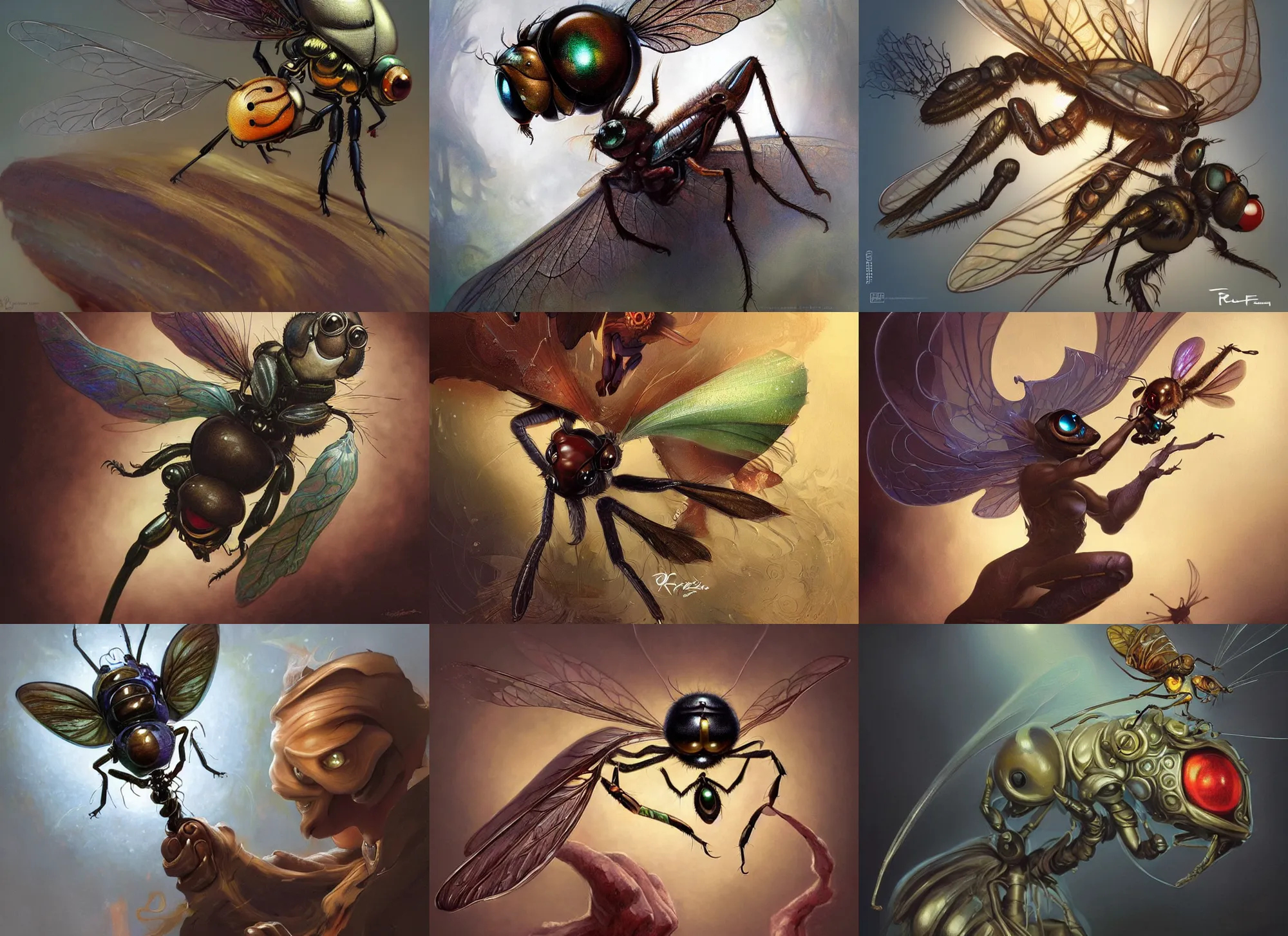 Prompt: an anthropomorphic fly with big eyes getting swatted, diffuse lighting, fantasy, intricate, elegant, highly detailed, lifelike, photorealistic, digital painting, artstation, illustration, concept art, smooth, sharp focus, art by frank frazetta and marco bucci and loish and rossdraws and artgerm and alphonse mucha