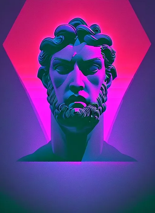 Image similar to statue of hercules, beeple, android jones, ( ( ( ( ( dan mumford ) ) ) ) ), vaporwave, retrowave, black background, neon wiring, black, glitch, strong contrast, cuts, pinterest, trending on artstation