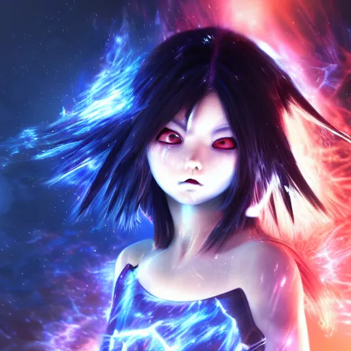Prompt: photorealistic full shot of masterpiece angry darkness anime girl, beautifull lovely eyes, posing, electric aura with particles, snowing frozen ice, darkness background, inspired by masami kurumada, akira toriyama, detailed, unreal engine 4 k, volumetric light, fog