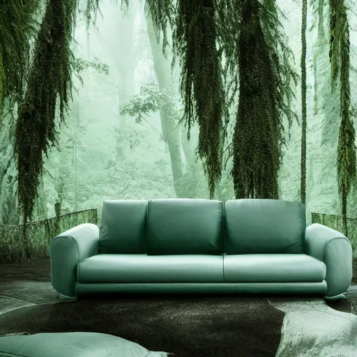 Image similar to a full length portrait of a giant autonomous sofa in a misty rainforest, surrounded by lush ferns and fir trees. surrounded by mountains and clouds and mist. featured on