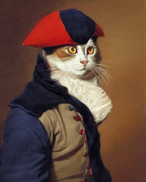 Prompt: portrait of cute brown cat with serious expression wearing 1 8 th century royal guard uniform in navy blue and red, joseph ducreux, greg rutkowski