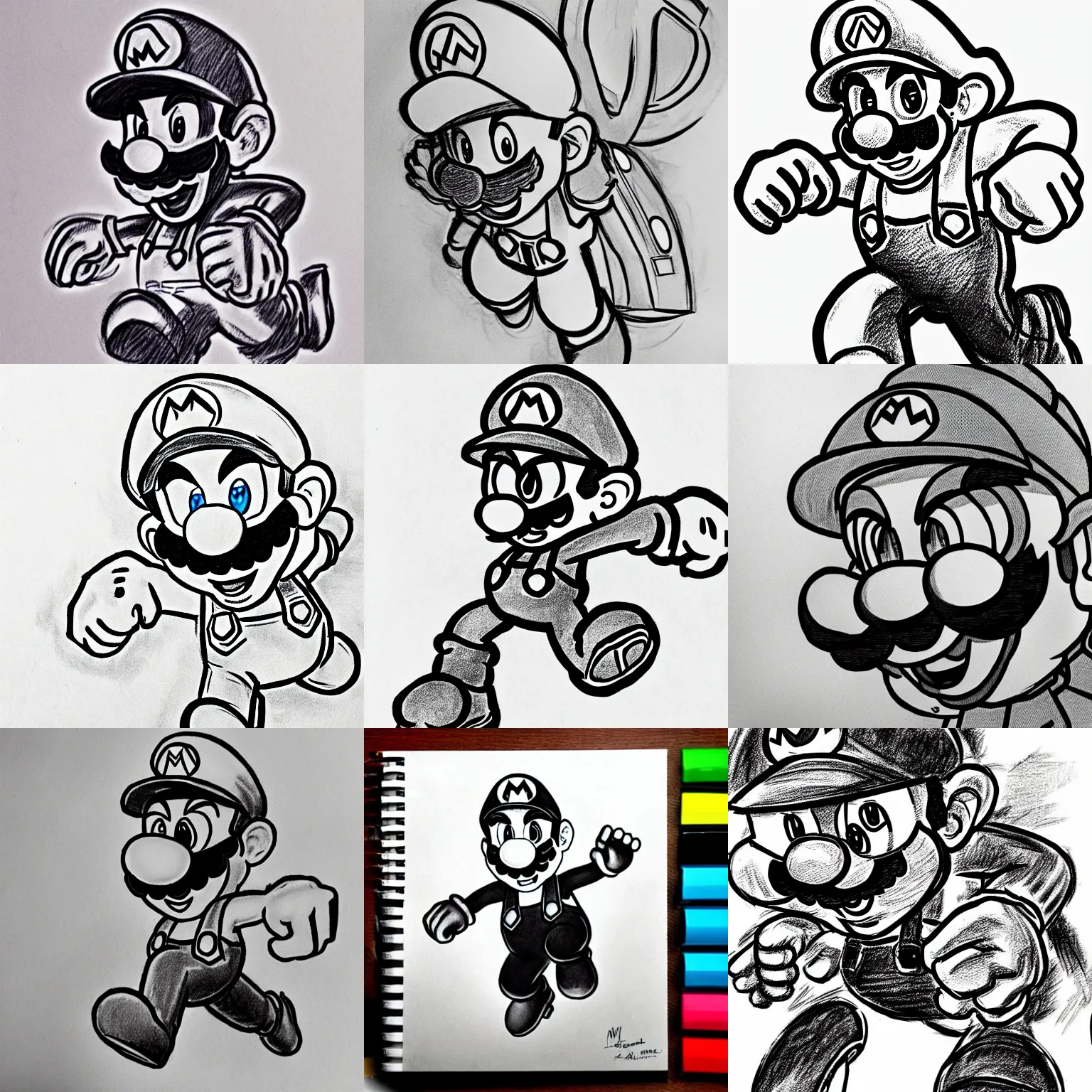 Prompt: epic shaded pencil sketch of super mario running, focused stare, striking detailed artstyle, monochrome, accurate colors, talented mangaka artist