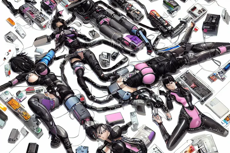 Image similar to a cyberpunk illustration of a group of female androids in style of masamune shirow, lying on an abstract, empty, white floor with their body parts scattered around in various poses and cables and wires coming out, by yukito kishiro and katsuhiro otomo, hyper-detailed, intricate, view from above