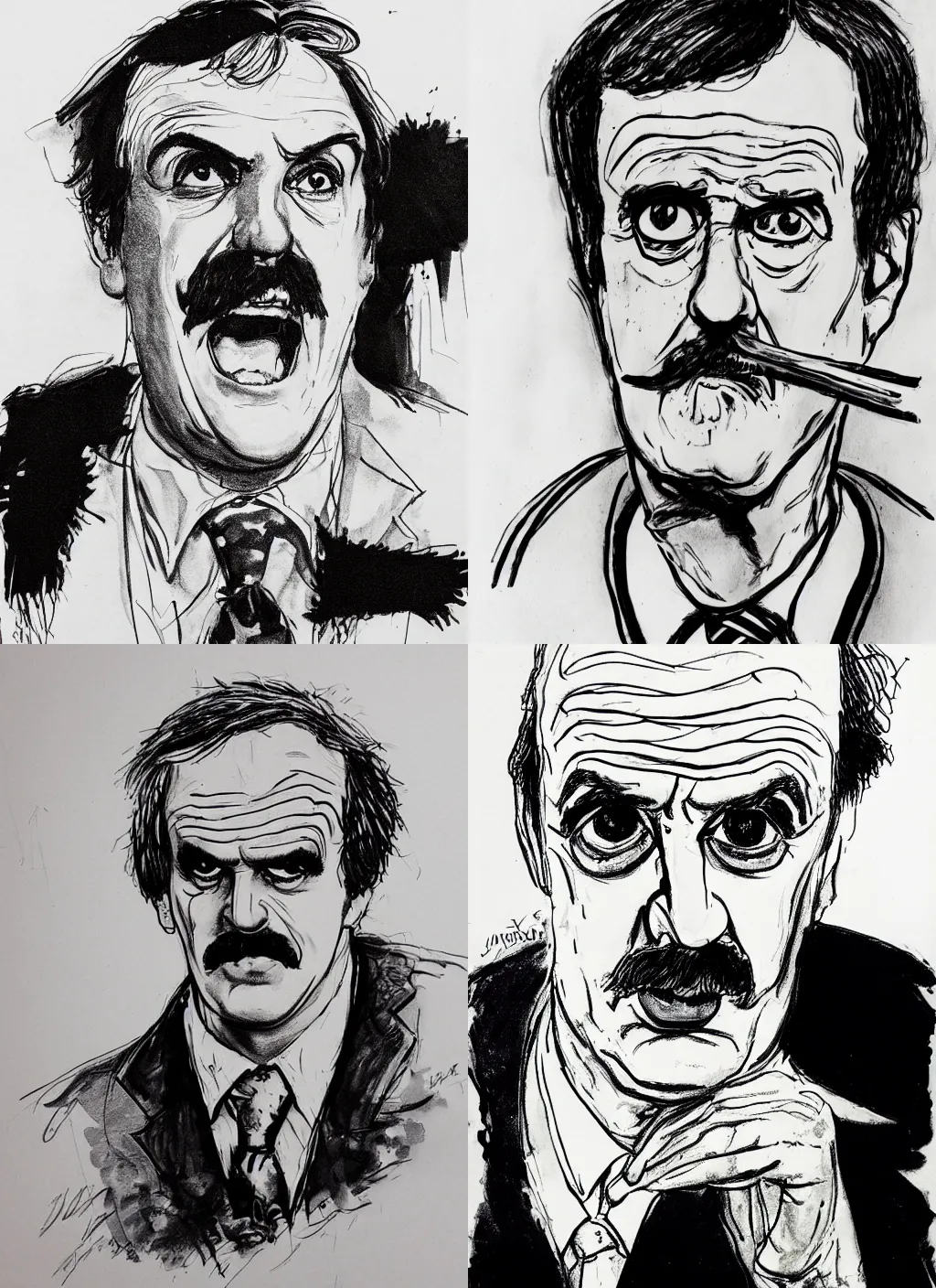Prompt: a loose wild messy ink sketch portrait of young john cleese as basil fawlty in the style of ralph steadman, caricature, dramatic