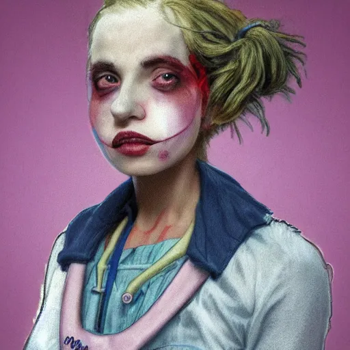 Prompt: clowncore pastel punk young hospital nurse wearing stylish uniform. detailed, portrait, 8 k, artwork by jean - baptiste monge