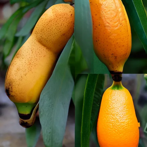 Prompt: a hybrid between an orange and a banana