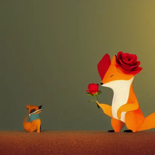 Image similar to the little prince holding a red rose and standing with a fox illustration, bokeh, octane render, award winning