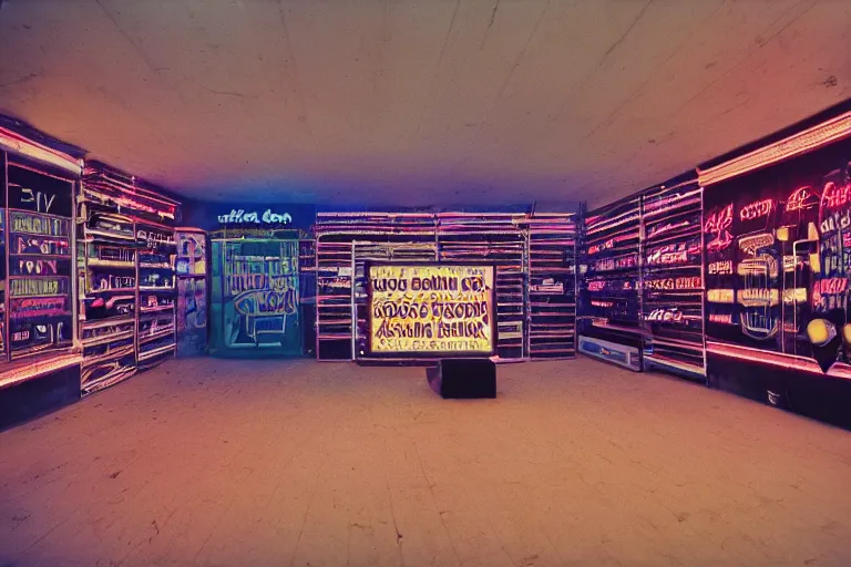 Image similar to giant metallic skull inside of a 1970s music store store, neon lights, dirty, ektachrome photograph, volumetric lighting, f8 aperture, cinematic Eastman 5384 film