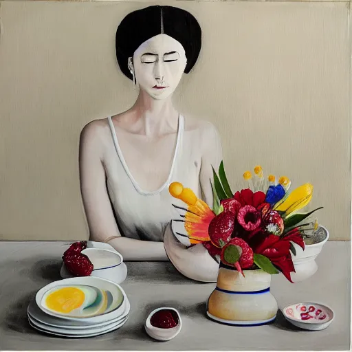 Prompt: “art in an Australian artist’s apartment, portrait of a depressed woman wearing white silk cloth stained by fresh raspberries and strawberries and blueberries, white wax, edible flowers, Japanese pottery, Australian native flannel flowers ikebana, black walls, acrylic and spray paint and oilstick on canvas”