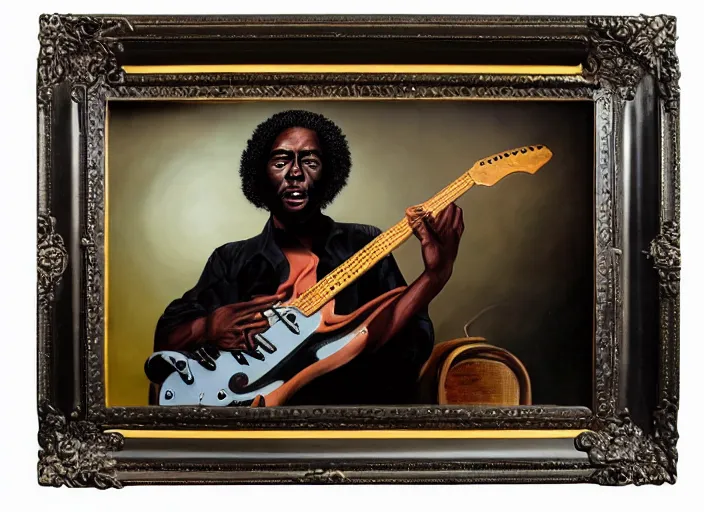 Prompt: a black man with long curly hair playing electric guitar, lowbrow, matte painting, 3 - d highly detailed, in the style of mark ryden,