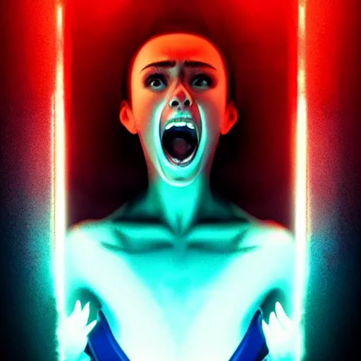 Image similar to beautiful Stella Maeve screaming in a red cave, blue lighting deep in the cave, symmetrical face symmetrical eyes, red hair, portrait, Charlie Bowater character art, no long neck, cinematic lighting