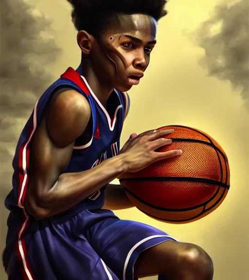 Prompt: portrait of a boy at a basketball court playing basketball wearing a basketball uniform in a basketball court attempting to score, intense emotion, detailed facial expression, detailed surroundings, intricate, elegant, highly detailed, centered, digital painting, artstation, concept art, smooth, sharp focus, illustration, by Peter Mohrbacher, WLOP