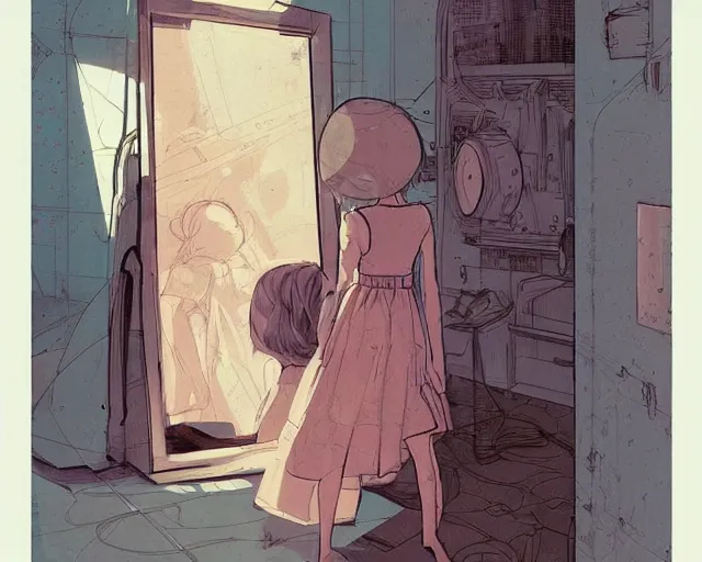 Image similar to a cell shaded cartoon of a girl in dress looking at the mirror to another world dimension, illustration, subtle colors, post grunge, concept art by josan gonzales and wlop, by james jean, victo ngai, david rubin, mike mignola, laurie greasley, highly detailed, sharp focus, alien, trending on artstation, hq, deviantart, art by artgem