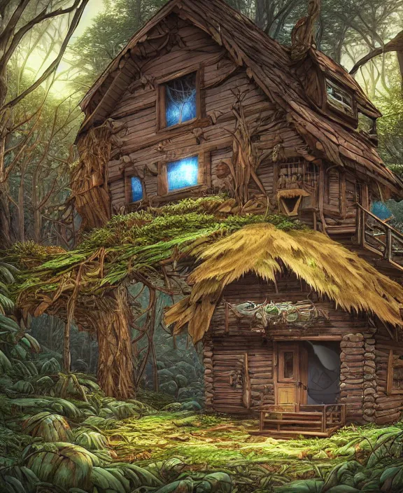 Image similar to a whimsical cabin made from isopods, overgrown with huge rare fungus, deep in the woods, by dan mumford, yusuke murata, makoto shinkai, ross tran, underwater, hellish, cinematic, unreal engine, cel shaded, featured on artstation, pixiv