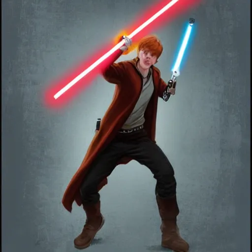 Image similar to epic digital matte paining of Ron Weasley firing a lightsaber out of a cannon, extremely detailed, artstation