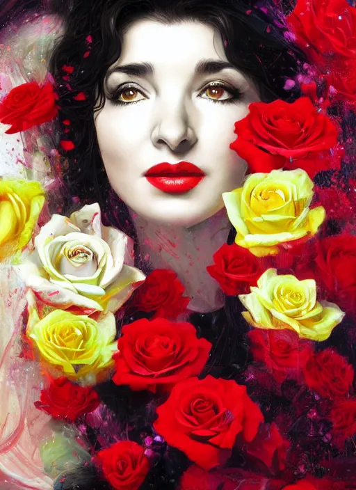 Image similar to portrait of kate bush against a neon multicolored background, lush black hair, pale skin, white and red roses, flowing material, intricate, beautiful cinematic lighting, stunning painting by artgerm, caravaggio, android jones, wadim kashin, annie leibovitz