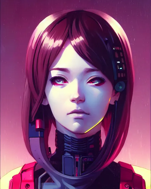 Image similar to a comic potrait of a cyberpunk cyborg girl with big and cute eyes, fine - face, realistic shaded perfect face, fine details. night setting. very anime style. realistic shaded lighting poster by ilya kuvshinov katsuhiro, magali villeneuve, artgerm, jeremy lipkin and michael garmash, rob rey and kentaro miura style, trending on art station