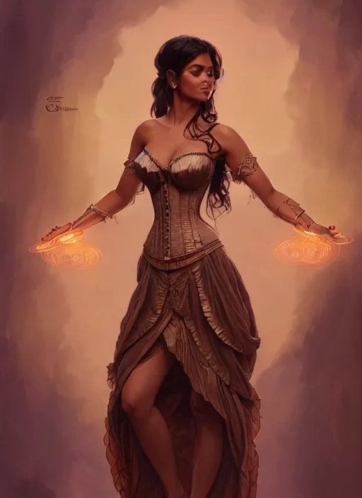 Image similar to cute brown woman wearing a transparent corset dress, fantasy, intricate, highly detailed, digital painting, artstation, concept art, wallpaper, smooth, sharp focus, illustration, art by artgerm and greg rutkowski and alphonse mucha