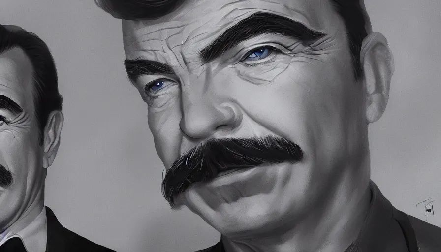 Image similar to tom selleck, wide portrait, hyperdetailed, artstation, cgsociety, 8 k