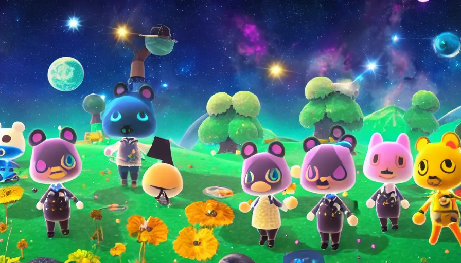 Prompt: a galactic Animal Crossing landscape, Animal Crossing characters, space colors, galaxies, stars, nebula, octane render, unreal engine, Animal Crossing New Horizon, 8k