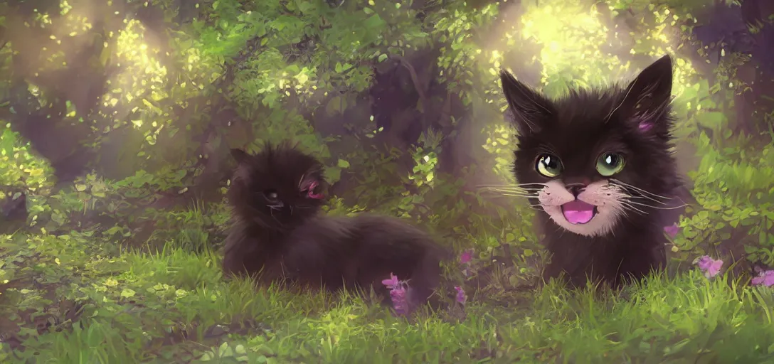 Prompt: ultra - realistic ultra - detailed adorable cute fluffy bioluminescent black cat in the style of ghibli kazuo oga, colorful fur, big ears, big purple eyes, forest landscape, dof, soft lighting, unreal engine, octane render