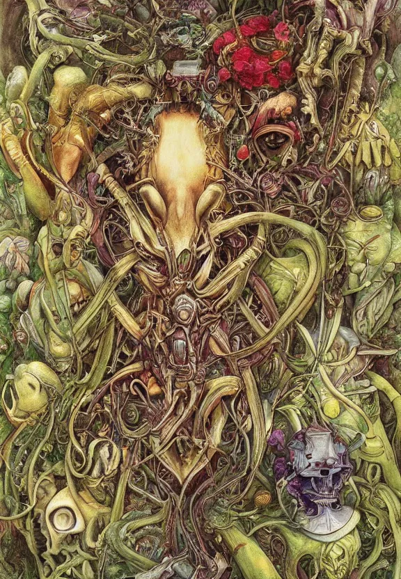 Image similar to simplicity, simple, elegant, colorful muscular robot, botany, orchids, radiating, mandala, psychedelic, garden environment, dappled sun, wolf skulls, by h. r. giger and esao andrews and maria sibylla merian eugene delacroix, gustave dore, thomas moran, pop art, biomechanical xenomorph, art nouveau, whimsical