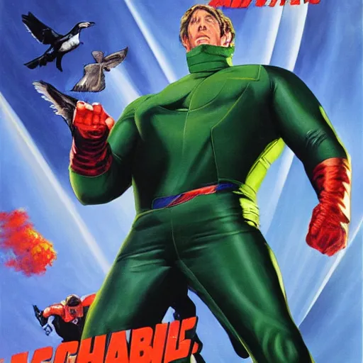 Image similar to action hero Michael Bay movie poster featuring Marvel Majestic Fat Pigeon in a extravagant full body green suit by Alex Ross, oil painting