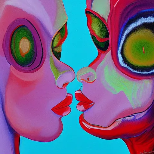 Image similar to expressive painting by francesca sundsten of two bizarre psychedelic femme creatures kissing each other closeup. they are growing out of an alien landscape. speculative evolution, exobiology