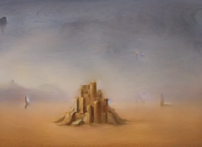 Image similar to a sand castle in a foggy desert, by jean delville and sophie anderson and mandy jurgens and jean - auguste - dominique ingres, moody atmosphere, cinematic atmospheric, golden ratio, perfect composition, elegant, no crop, extremely detailed, hd, masterpiece, artstation