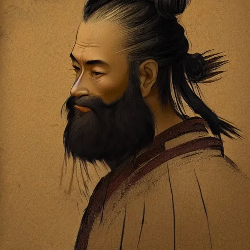 Prompt: a gorgeous portrait of a grizzled samurai warrior with a beard and a topknot hairstyle, painted by Leonardo Da Vinci, trending on artstation, 4k, 8k, expressive and detailed, masterpiece, elaborate brush strokes