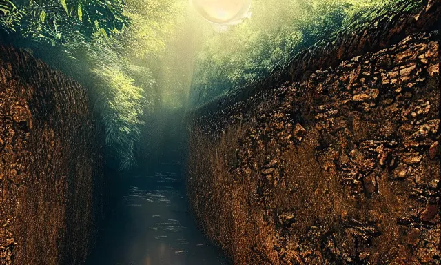 Image similar to beautiful photograph of a vertical tunnel made of raindrops, between a dried up river and the sun, highly-detailed, fantastic, dramatic lighting, artstation, 4k