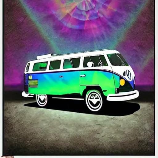 Prompt: 1 9 7 0 s style black light psychedelic poster of customized volkswagen van