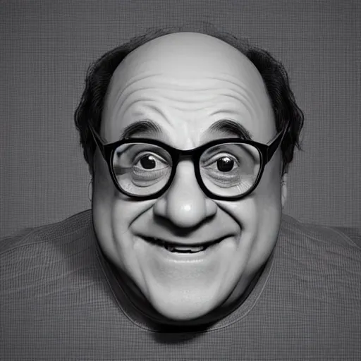 Prompt: digital art of portrait of danny devito, excited facial expression, head - and - shoulders shot, white background, cute pixar character, houdini 3 d render