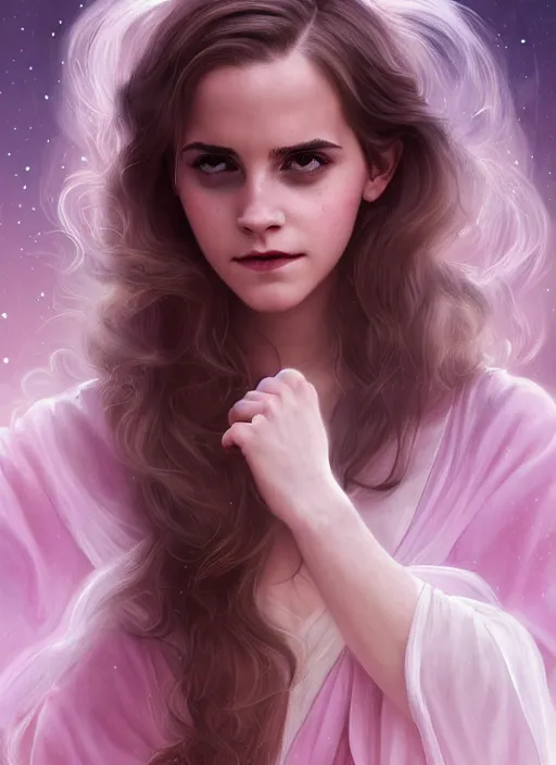 Image similar to emma watson as nature magic celestial, long hair, soft pink and white cloth, transparent cloth, space, D&D, shiny background, intricate, elegant, highly detailed, digital painting, artstation, concept art, smooth, sharp focus, illustration, artgerm, bouguereau