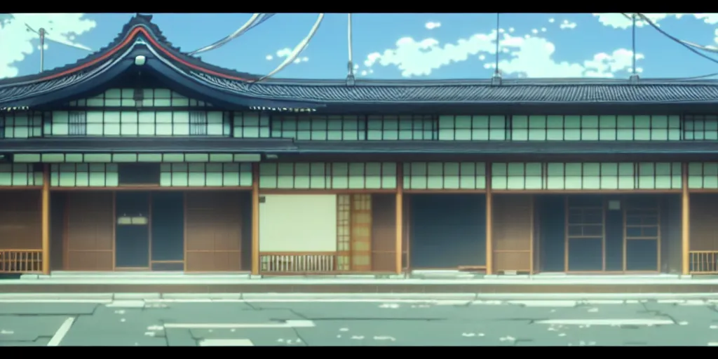 Image similar to close up front view of a japanese building facade with signs on it, a screenshot from the anime film by Makoto Shinkai