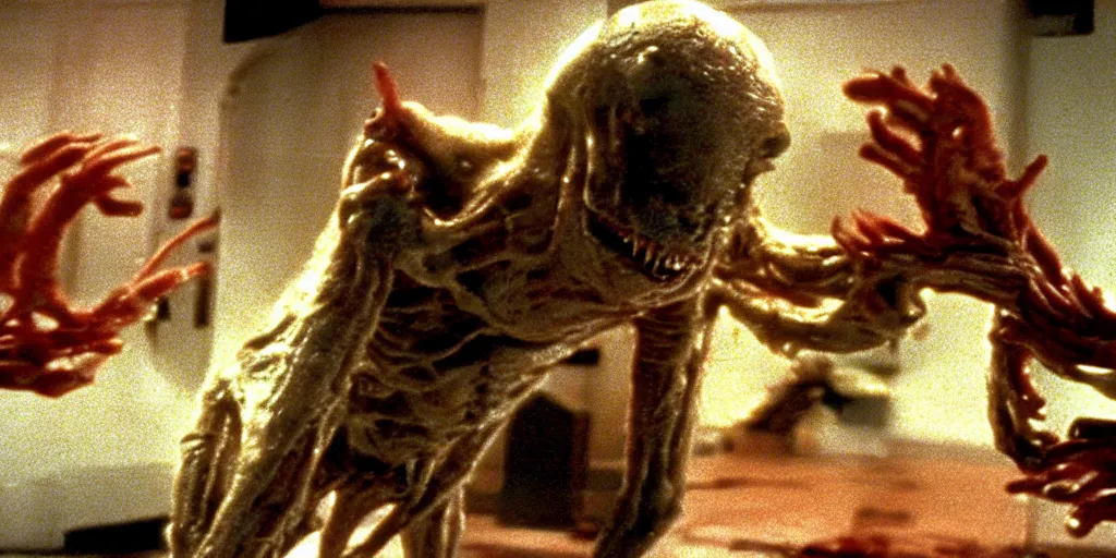 Image similar to filmic extreme wide shot dutch angle movie still 35mm film color photograph of a mutated shape shifting organism made of human internal organs, disgusting dissected human tissue with a variety of grotesquely strewn together human and animal limbs, in the style of a horror film The Thing 1982