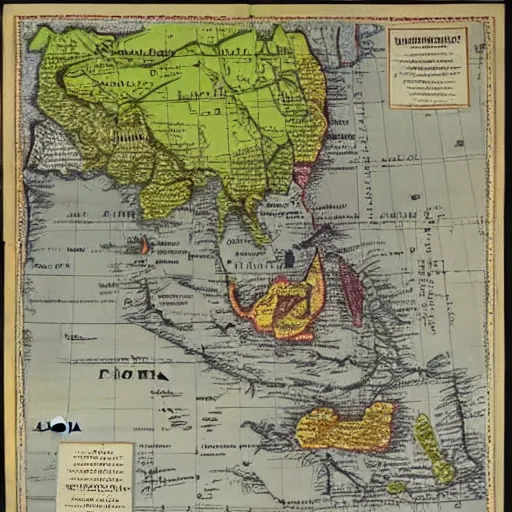 Image similar to map of mainland southeast asia, zoom in burma thailand laos cambodia and vietnam, 1 7 th century, high accuracy, based on geographical map,