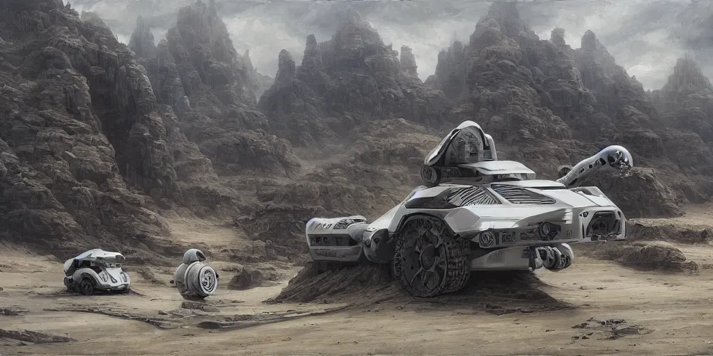 Image similar to highly detailed robotic vehicle in a scifi landscape by feng zhu, perfect geometry, hyper - detailed, sharp, beautiful, desaturated, oil on canvas