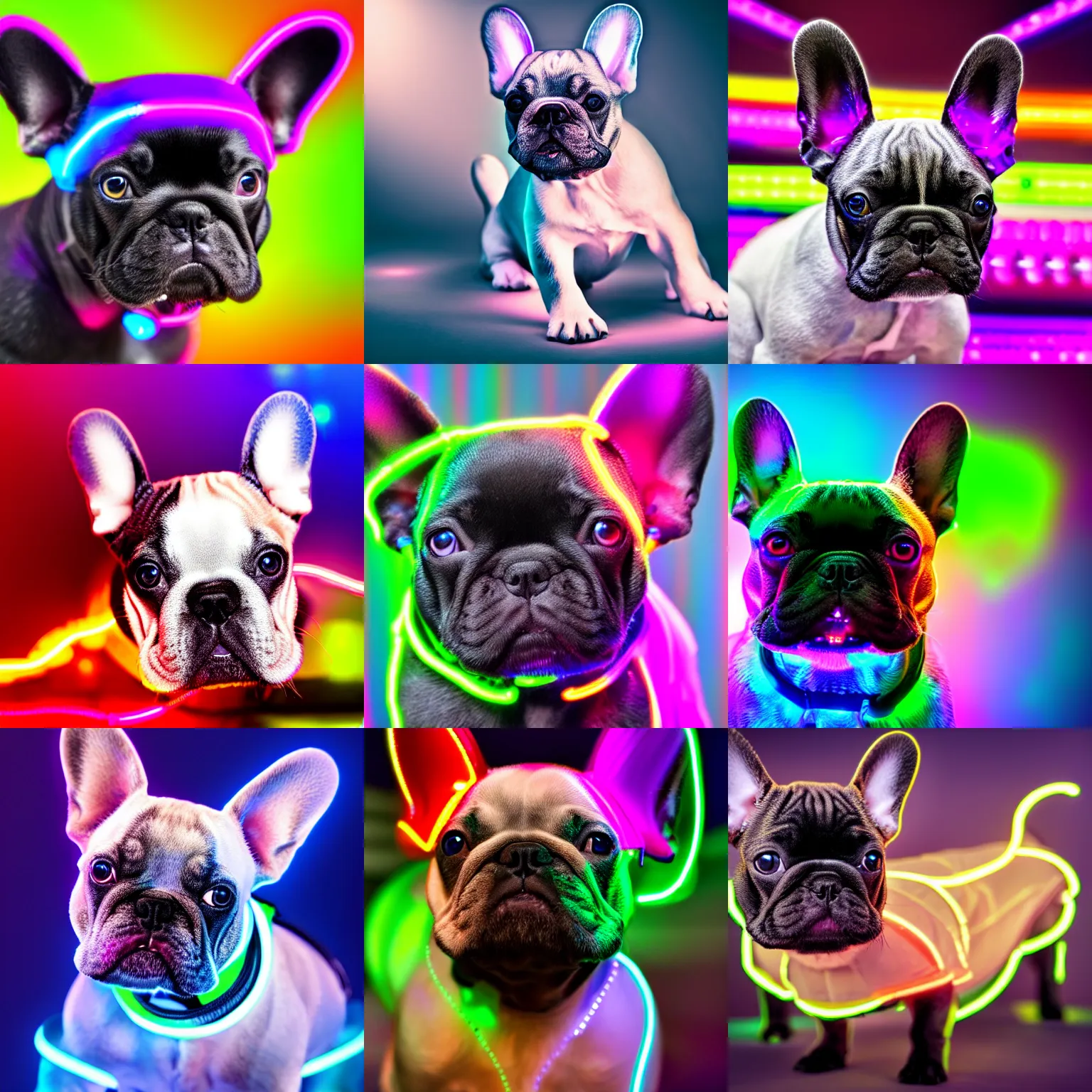 Prompt: cybernetic french bulldog puppy with neon and led implants, iridescent fur, incredible photograph, highly detailed, 4 k, ak, uhd, hdr